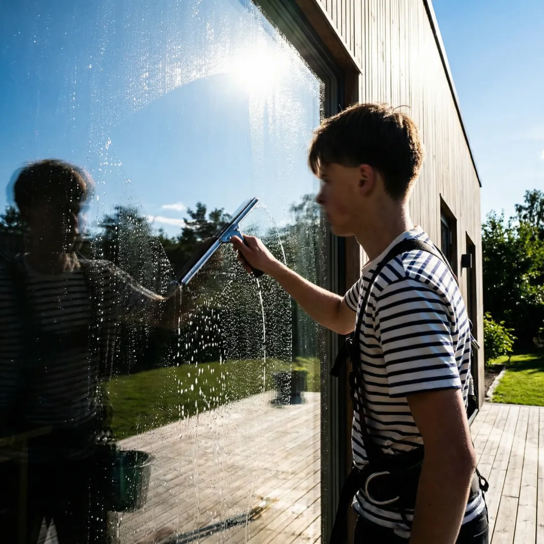 Vinduespudsning i solskin